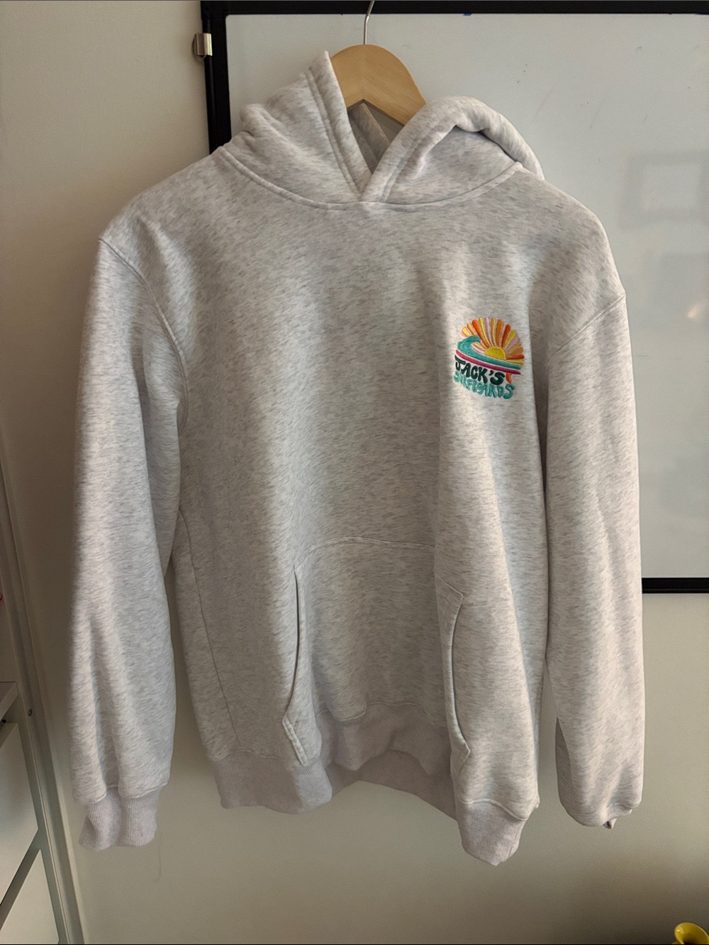 Light Gray Crewneck Hoodie with Colorful Sunrise Patch